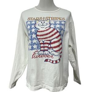Vintage 90s Y2K Women’s Cat T Shirt Stars Stripes USA Flag Alore Cotton White L